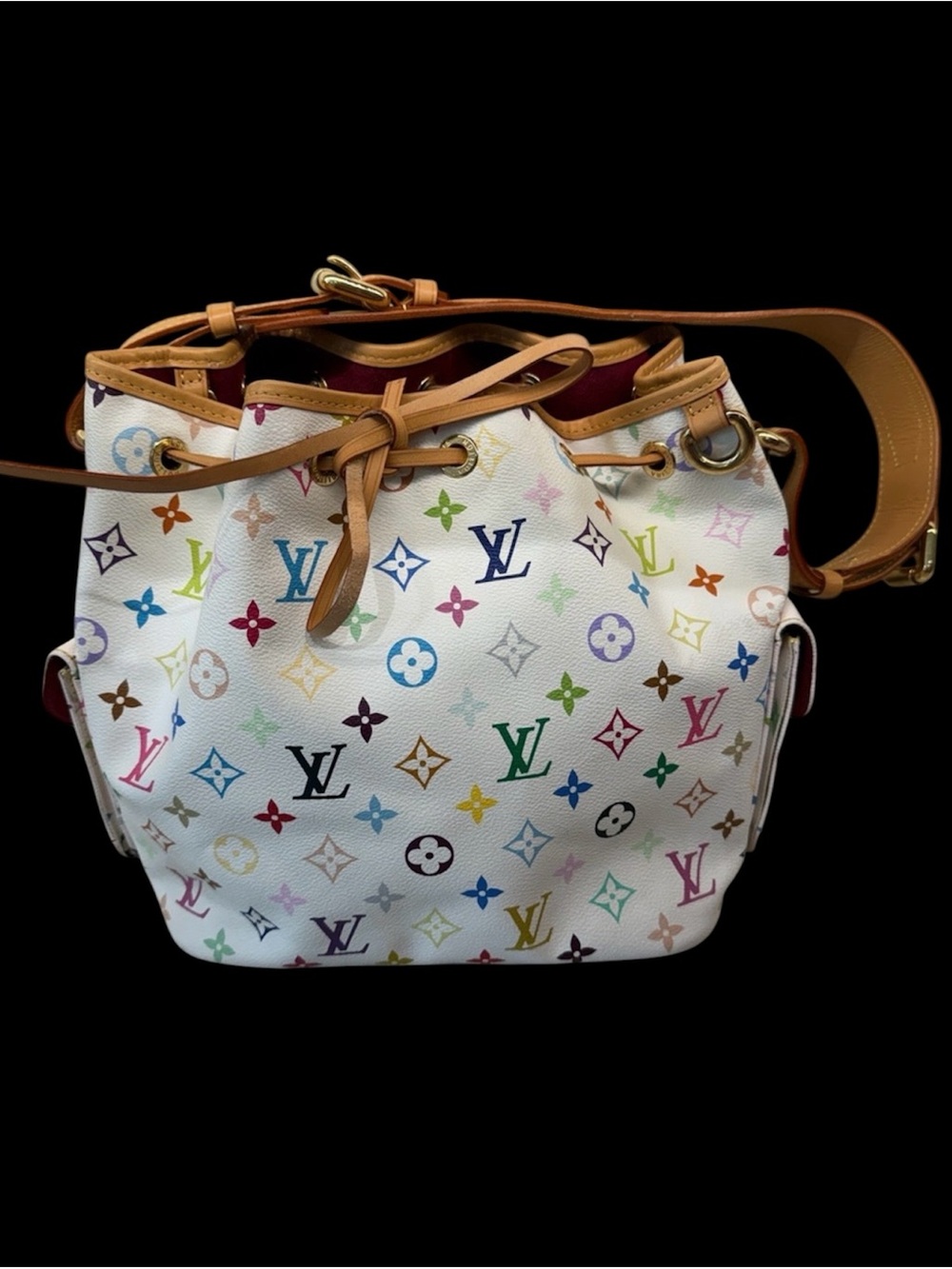 Authentic Louis Vuitton White Multicolor Monogram Drawstring Bucket Crossbody